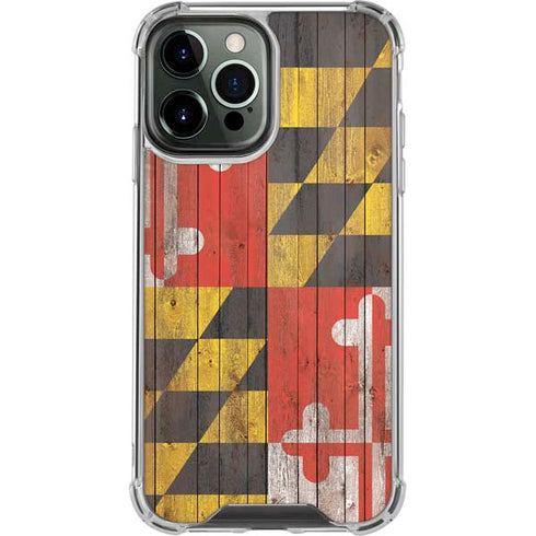 Maryland Flag Dark Wood iPhone 15 Pro Max Clear Case